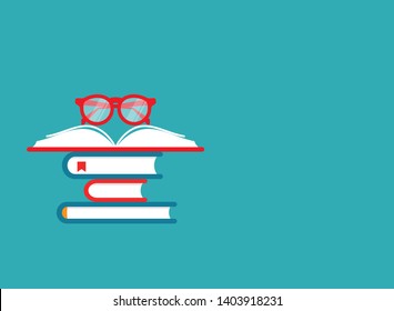 stack of books with red glasses on blue horizontal  background. Flat reading wallpaper. Vector illustration. Education logo. Knowledge pictogram.