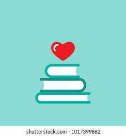 Stack of books with  red heart flying out. Isolated on blue background. bibliophile flat icon. Vector illustration. Love reading logo. Romantic book pictogram. 