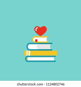 Stack of books with  red heart. Isolated on blue background. bibliophile flat icon. Vector illustration. Love reading logo. Knowledge logo. Education pictogram. Study and learn symbol