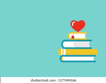 Stack of books with red heart on blue background. Vector horizontal background illustration. Love reading logo. Knowledge logo. Education pictogram. Study and learn symbol