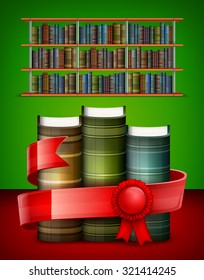 Stack of books with red ribbon in library, vector illustration