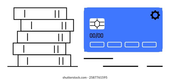 Stack of books representing knowledge beside a blue credit card with a gear icon. Ideal for finance, education, online payments, e-learning, fintech, software development, and technology promotions