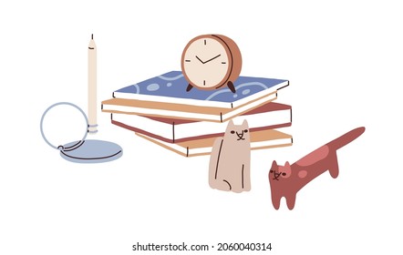 Stack of books, retro alarm clock, cat figurine and candle in candlestick. Objects composition for home interior decor. Stylish decoration. Flat vector illustration isolated on white background