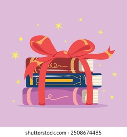 Pila de libros con cinta, Biblioteca de la escuela del libro, pila de libros de Ilustración vectorial. Regalo de la educación y el concepto de Vector de conocimiento. 