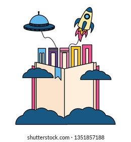 stack of books with rocket isolated icon