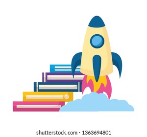 stack of books with rocket isolated icon