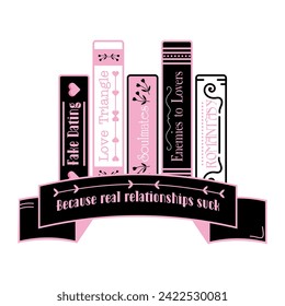 Stack of books. Romance books reading. Concept of love story, romance novel, literary genre. Study and learn symbol Love reading logo. Isolated hand drawn vector illustration