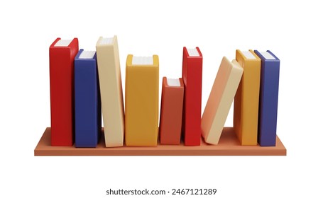 Stack of books row with colored cover on the shelf 3D style vector render illustration. Volumetric pile of textbooks. Literature, dictionaries and encyclopedias, library or bookstore education concept