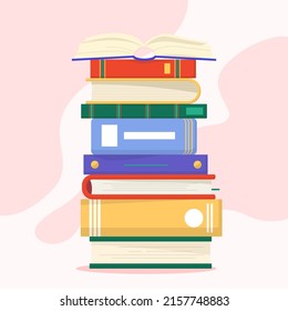 Stack of books. School books pile. Education book heap. Bookstore, library icon. Science literature, dictionary. Study books pile. Studies symbol. Textbook stack for reading. Vector illustration.