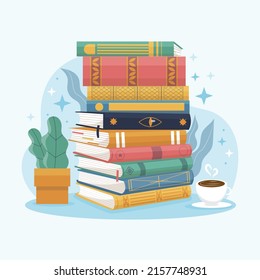 Stack of books. School books pile. Education book heap. Bookstore, library icon. Science literature, dictionary. Study books pile. Studies symbol. Textbook stack for reading. Vector illustration.