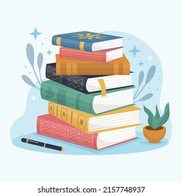 Stack of books. School books pile. Education book heap. Bookstore, library icon. Science literature, dictionary. Study books pile. Studies symbol. Textbook stack for reading. Vector illustration.