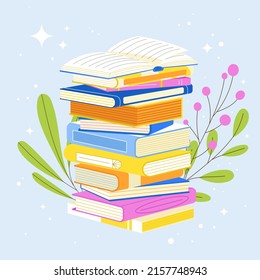 Stack of books. School books pile. Education book heap. Bookstore, library icon. Science literature, dictionary. Study books pile. Studies symbol. Textbook stack for reading. Vector illustration.