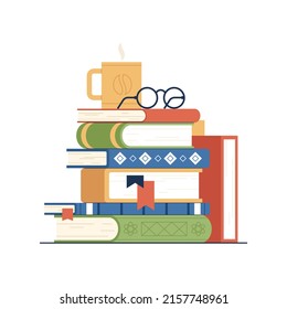 Stack of books. School books pile. Education book heap. Bookstore, library icon. Science literature, dictionary. Study books pile. Studies symbol. Textbook stack for reading. Vector illustration.