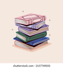 Stack of books. School books pile. Education book heap. Bookstore, library icon. Science literature, dictionary. Study books pile. Studies symbol. Textbook stack for reading. Vector illustration.