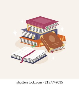 Stack of books. School books pile. Education book heap. Bookstore, library icon. Science literature, dictionary. Study books pile. Studies symbol. Textbook stack for reading. Vector illustration.