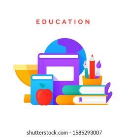 stack of books and school studying equipment vector flat illustration for international education and literacy day poster background design