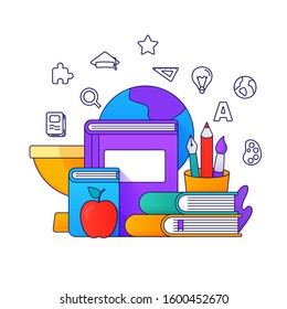 stack of books and school studying equipment vector flat illustration with doodle icon for international education and literacy day poster background design