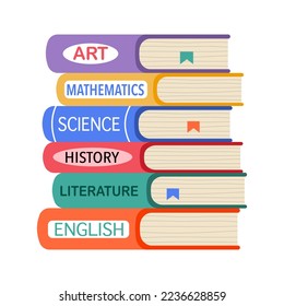 Stack of books with school subject names in flat design on white background.