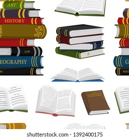 Stack of books seamless pattern. Background for Lover of literature. Open Encyclopedias for reading. Inverted pages. Object in contemporary style. Vector illustration for posters.