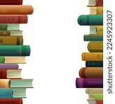 Stack of books seamless vertical frame. Cartoon style. Great collection for reading. Library or bookstore. Isolated on white background. Vector.