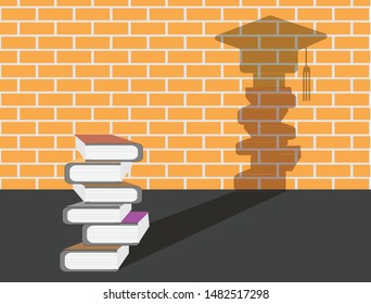 Stack of books with shadow on brick wall represent graduation cap on top, Vector Illustration.  Idea for successful in education concept