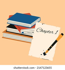 Stack of books and a sheet with the inscription "Chapter 1". Writing book concept. Flat vector illustration.