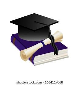 
A stack of books, a sheet of paper and a square academic cap
 isolated on white background. Lifelong constant learning.
Stock vector illustration.