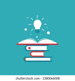 stack of books with shining bulb flying out.  Flat icon isolated on blue background. Flat Vector illustration. Idea logo. Inspiration pictogram. Power of knowledge sign.