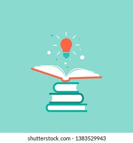 stack of books with shining bulb flying out.  Flat icon isolated on turquoise background. Flat Vector illustration. Inspiration, innovation, creativity logo. Power of knowledge sign.