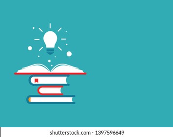 stack of books with shining bulb flying out isolated on blue.  Flat background. Vector illustration. Idea logo. Inspiration, Power of knowledge sign.