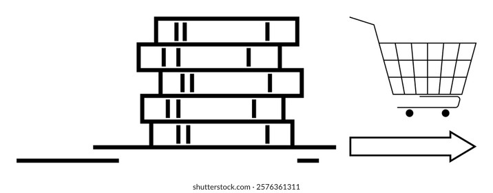 A stack of books is shown beside a shopping cart and a right-pointing arrow. Ideal for themes including education, reading, libraries, bookstores, and shopping guides. Simple and minimalist style