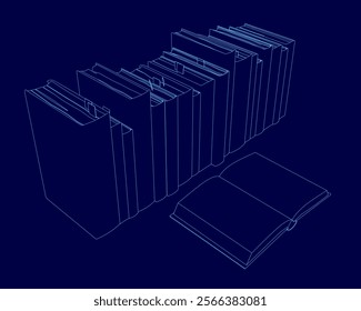 Stack of books is shown in a blue background. The books are arranged in a way that they look like they are stacked on top of each other. Concept of organization and order