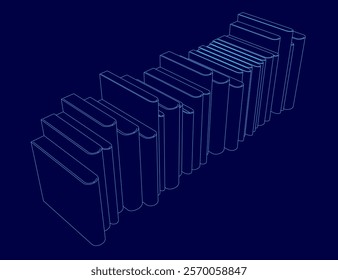 Stack of books is shown in a blue background. The books are arranged in a row, with some of them being thicker than others. Concept of organization and order, as the books are neatly stacked