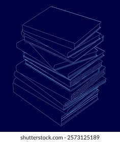 Stack of books is shown in a blue background. The books are piled on top of each other, with the bottom book being the largest and the top book being the smallest. Concept of organization and order