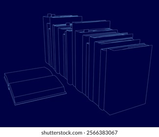 Stack of books is shown in a blue color. The books are arranged in a row, and the image has a monochromatic color scheme. Scene is calm and serene, as the books are neatly stacked