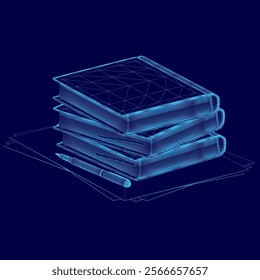 Stack of books is shown in a blue color. The books are stacked on top of each other, and the image has a somewhat abstract and stylized look to it. Scene is somewhat mysterious and intriguing