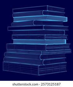 Stack of books is shown in a blue color scheme. The books are stacked on top of each other, with the top book being the largest. Concept of knowledge and learning