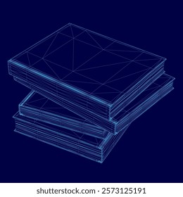 Stack of books is shown in a blue color. The books are stacked on top of each other, and the image has a 3D effect. The books are arranged in a way that they look like they are standing upright