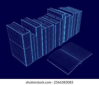 Stack of books is shown in a blue image. The books are arranged in a row, with the top book being the largest and the bottom book being the smallest. Concept of organization and order