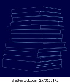 Stack of books is shown in blue. The books are piled on top of each other, with the bottom book being the largest and the top book being the smallest. Concept of knowledge and learning