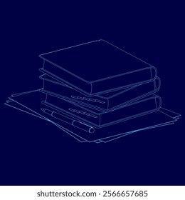 Stack of books is shown in blue. The books are stacked on top of each other, with the top book being the largest. Concept of knowledge and learning, as books are often associated with education