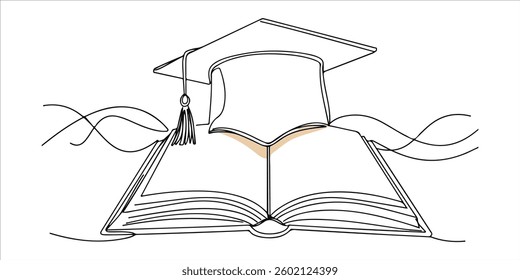 stack of books single, unbroken line drawing depicts a graduation cap resting atop an open, thick book. The illustration symbolizes motivation to pursue and attain academic degrees, reflecting.