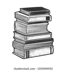 Stack of books sketch engraving vector illustration. T-shirt apparel print design. Scratch board imitation. Black and white hand drawn image.