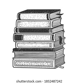 stack of books sketch engraving vector illustration. T-shirt apparel print design. Scratch board imitation. Black and white hand drawn image.