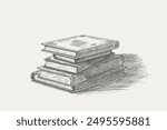 Stack of books - sketch isolated on white background. Symbol of knowledge, school and education. Design element for library and bookstore. Hand drawn sketch in engraving style. Vector illustration.