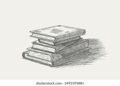 Pila de libros - boceto aislado sobre fondo blanco. Símbolo de conocimiento, escuela y educación. Elemento de diseño para Biblioteca y librería. Dibujado a mano boceto en estilo de grabado. Ilustración vectorial.