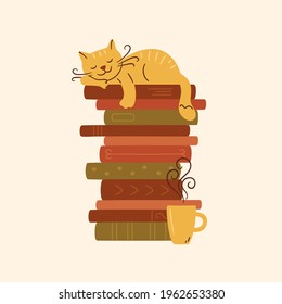 A stack of books with a sleeping cat and cup of hot tea. Cute kitty sleeping on books pile. Vector illustration on white background.