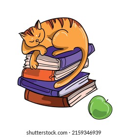 Stack of books with a sleeping red cat and an apple vector cartoon illustration on a white background. Cute kitty sleeping on books pile.Beautiful design element for different purposes,vector graphic