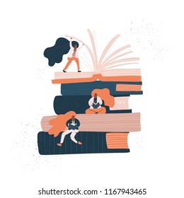 Stack of books and small female - reading concept or book festival advertisment banner