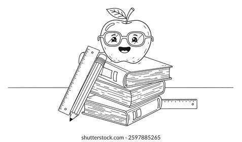 A Stack of Books With a Smiling Apple Wearing Glasses on Top. Add a Pencil and Ruler Leaning Against the Books.